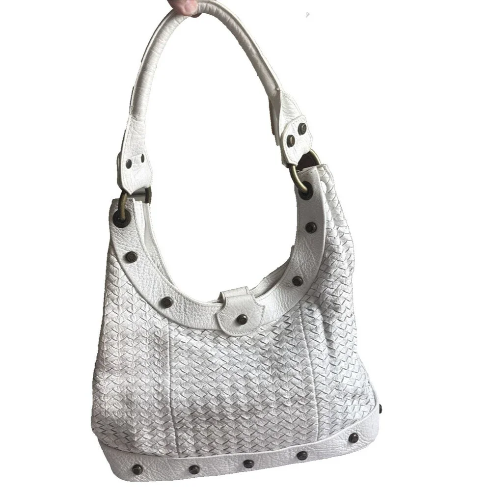 Plinio Visona Italy White Woven Leather Hobo Bag Tote Brass Studs Bottega Style